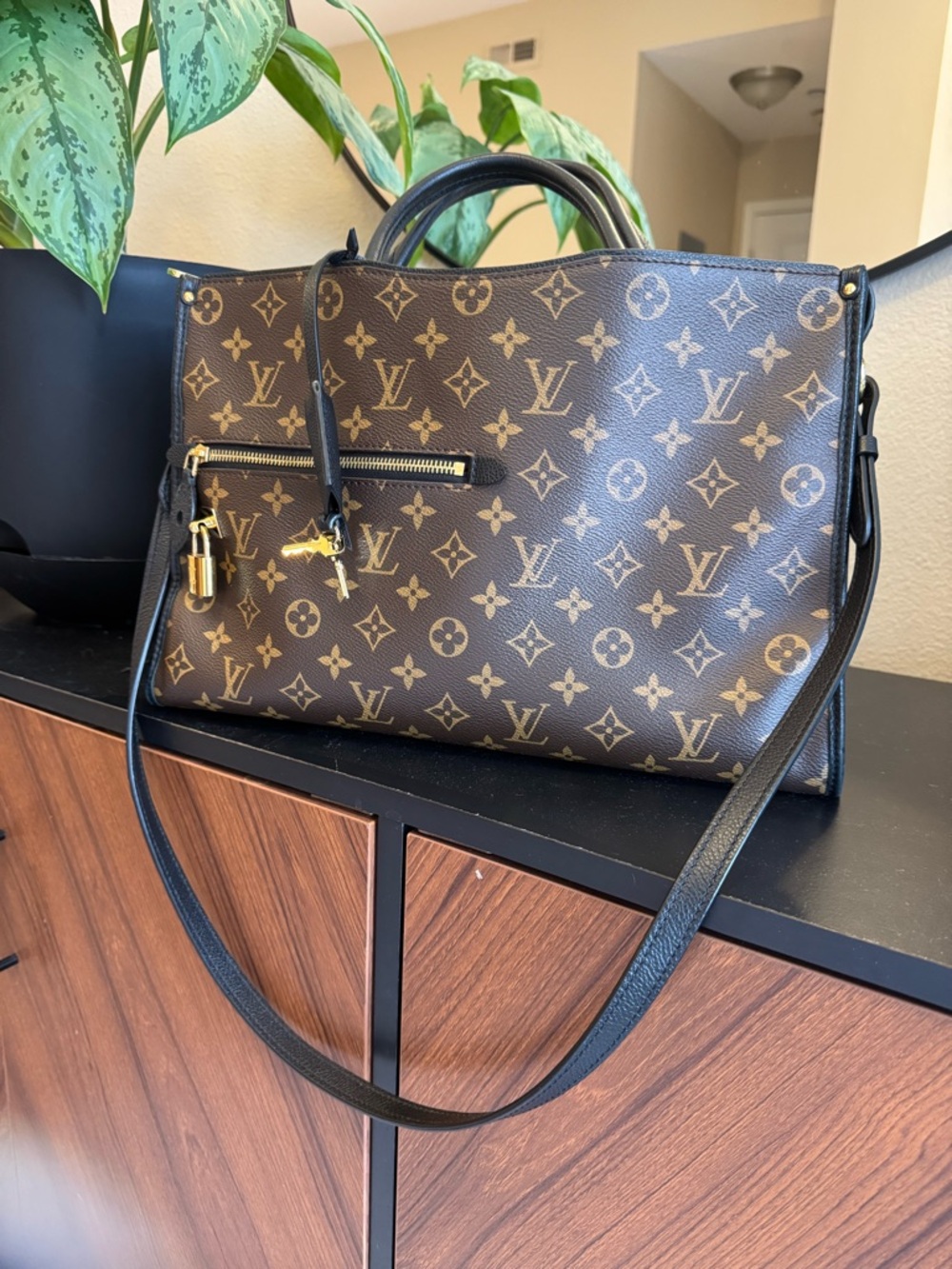 Louis Vuitton Brown Monogram Canvas Tote with Black Strap and Gold Hardware